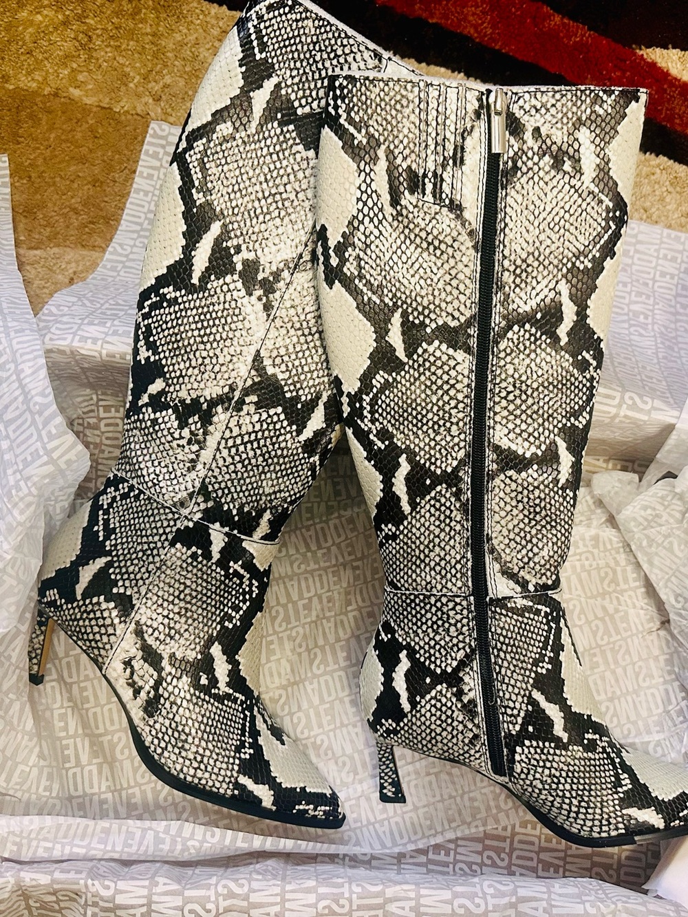 Steve Madden Black & White Snake-Print Knee-High Heels